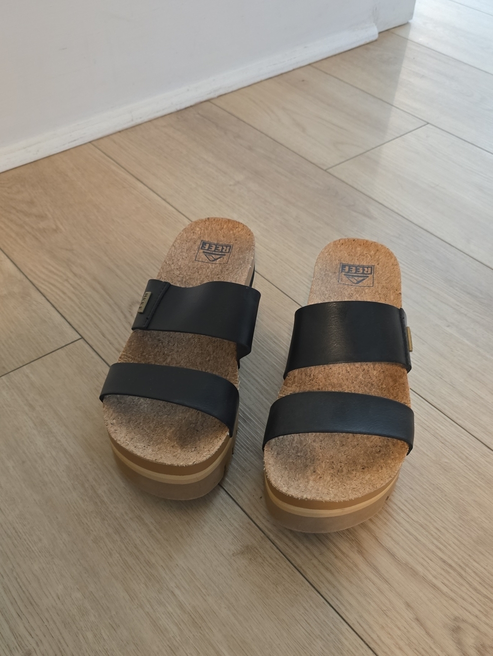 Reef Black Double Strap Cork Platform Sandals